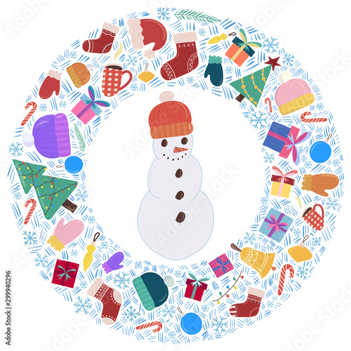 Merry Christmas and New year composition with a central subject -snowman. Traditional object - gift boxes, mitten and hat, tree, sock with ornament. Colorfull vector illustration.