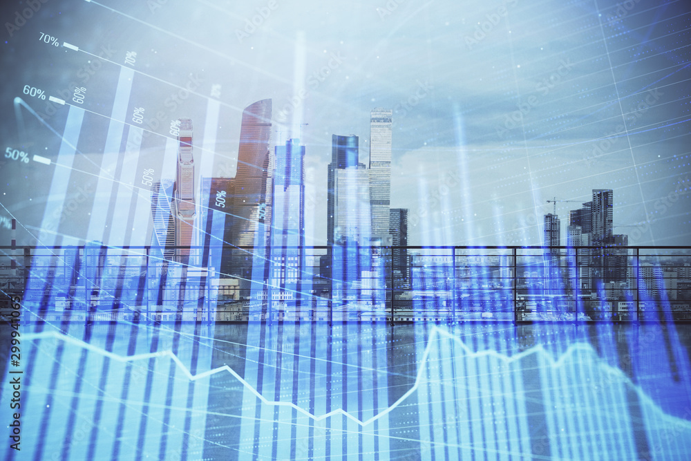 Forex graph hologram with city view from roof background. Double exposure. Stock market concept. Forex graph hologram with city view from roof background. Double exposure. Stock market concept.