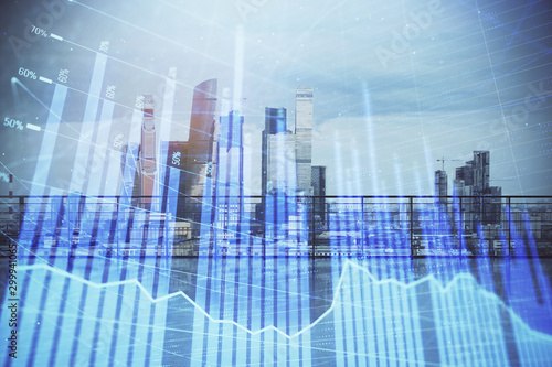 Forex graph hologram with city view from roof background. Double exposure. Stock market concept. © Andrey