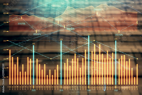 Financial chart hologram with abstract background. Double exposure. Concept of market analysis © Andrey