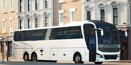 Modern white realistic coach bus at cityscape background. 3d rendering. Front view. © ekostsov
