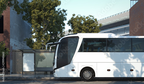 Modern white realistic coach bus at cityscape background near bus stop. 3d rendering.