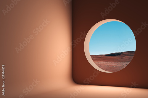 Orange room without furniture and with round window to beautiful view to desert and sands. 3d rendering photo
