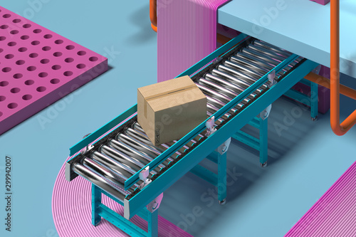 Φωτογραφία conveyer belt roller with blank cardboard box at factory in Pink and blue pastel colors, 3d rendering