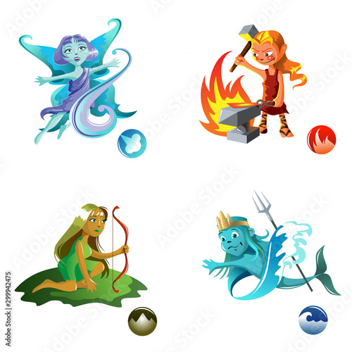Elementals of Air, Fire, Earth and Water, cartoon style vector illustration
