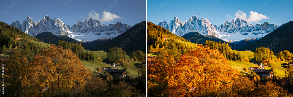 Majestic landscape in Santa Magdalena. Location Funes valley, Dolomiti Alps, Italy, Europe.