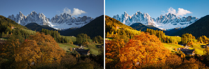 Majestic landscape in Santa Magdalena. Location Funes valley, Dolomiti Alps, Italy, Europe.