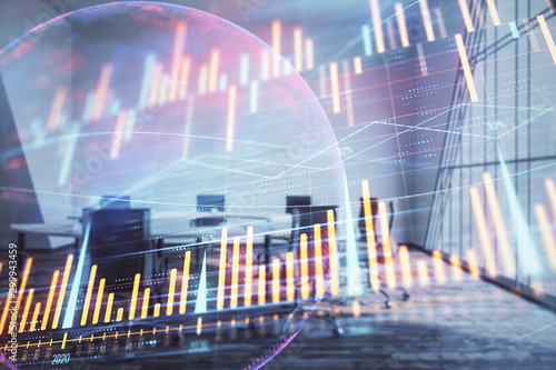 Double exposure of stock market graph with globe hologram on conference room background. Concept of international finance