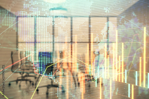 Double exposure of stock market graph with globe hologram on conference room background. Concept of international finance