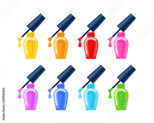 Nail polish colorful vector collection isolated on white. Beauty set in simple flat style. Rainbow colors. Illustration, icon and logo usage