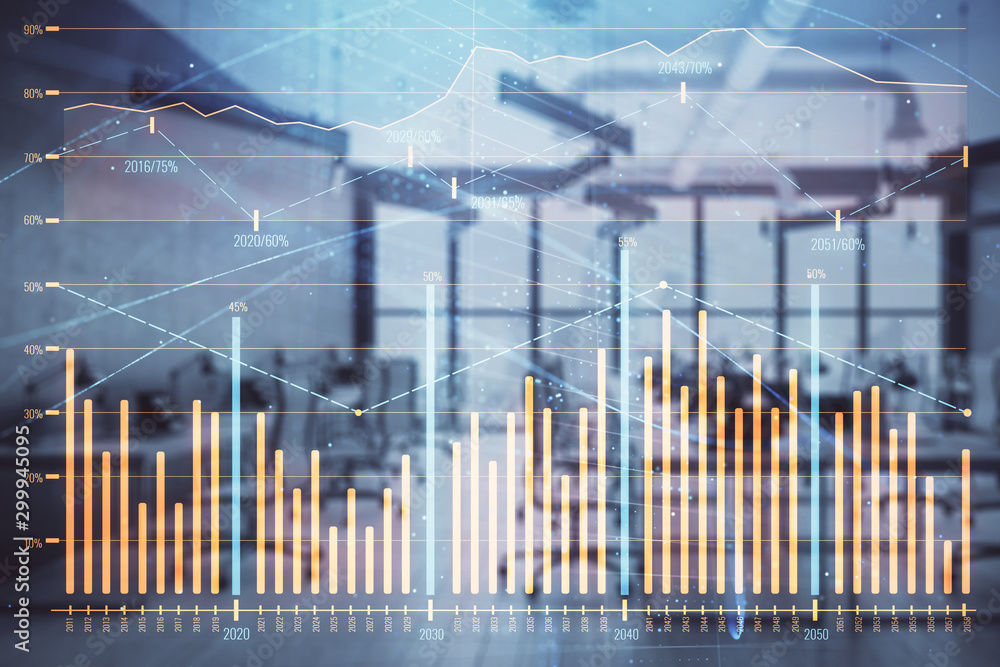 Stock and bond market graph with trading desk bank office interior on background. Multi exposure. Concept of financial analysis Stock and bond market graph with trading desk bank office interior on background. Multi exposure. Concept of financial analysis