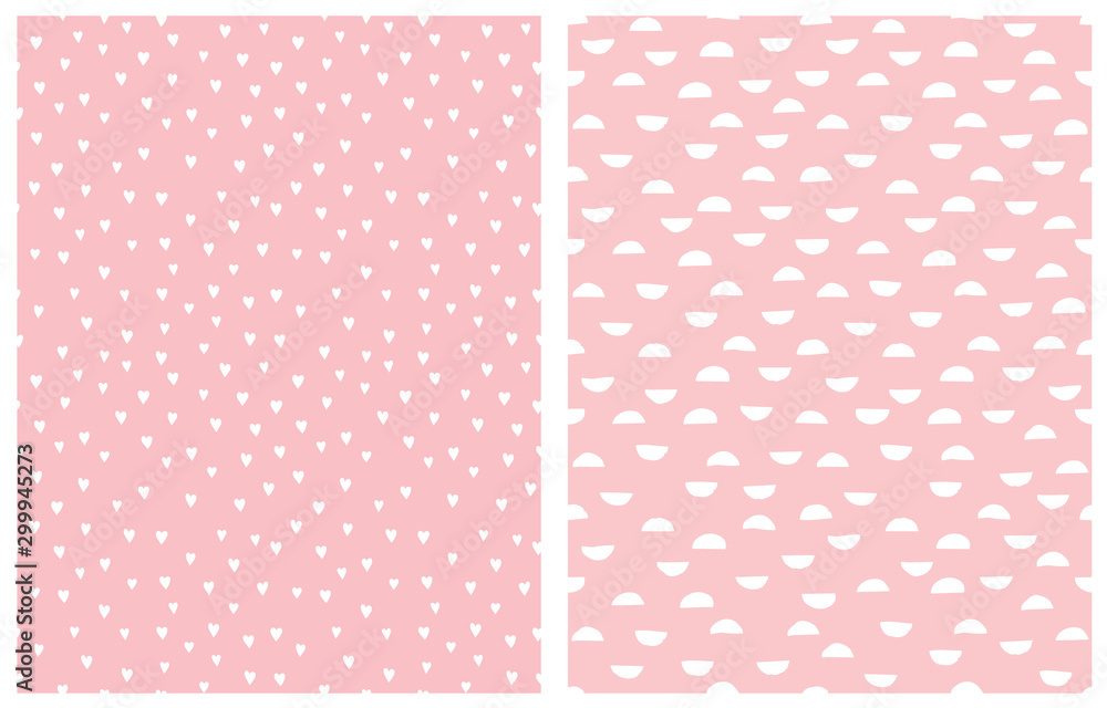 Pastel Pink Geometric Seamless Vector Patterns. White Semi Circles Isolated on a Pink Background. Simple Romantic Print with Sweet Tiny White Hearts on a Light Pink Layout. Baby Girl Party Decoration. Pastel Pink Geometric Seamless Vector Patterns. White Semi Circles Isolated on a Pink Background. Simple Romantic Print with Sweet Tiny White Hearts on a Light Pink Layout. Baby Girl Party Decoration.