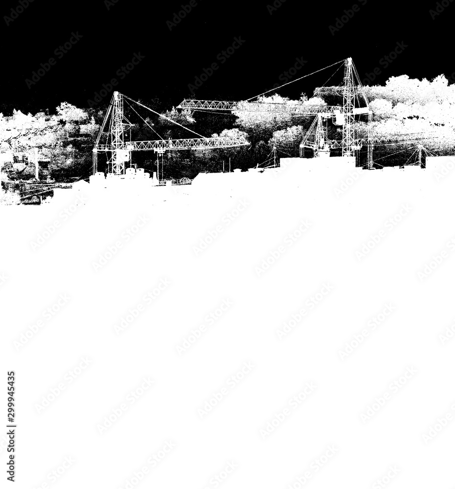 Obraz premium Silhouettes of lifting cranes, new multi-storey buildings construction in monochrome black and white version. Art poster with space for text.