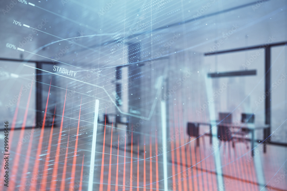 Stock and bond market graph with trading desk bank office interior on background. Multi exposure. Concept of financial analysis Stock and bond market graph with trading desk bank office interior on background. Multi exposure. Concept of financial analysis