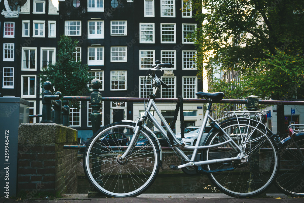 Bicycle on Amsterdam street. Cityscape.