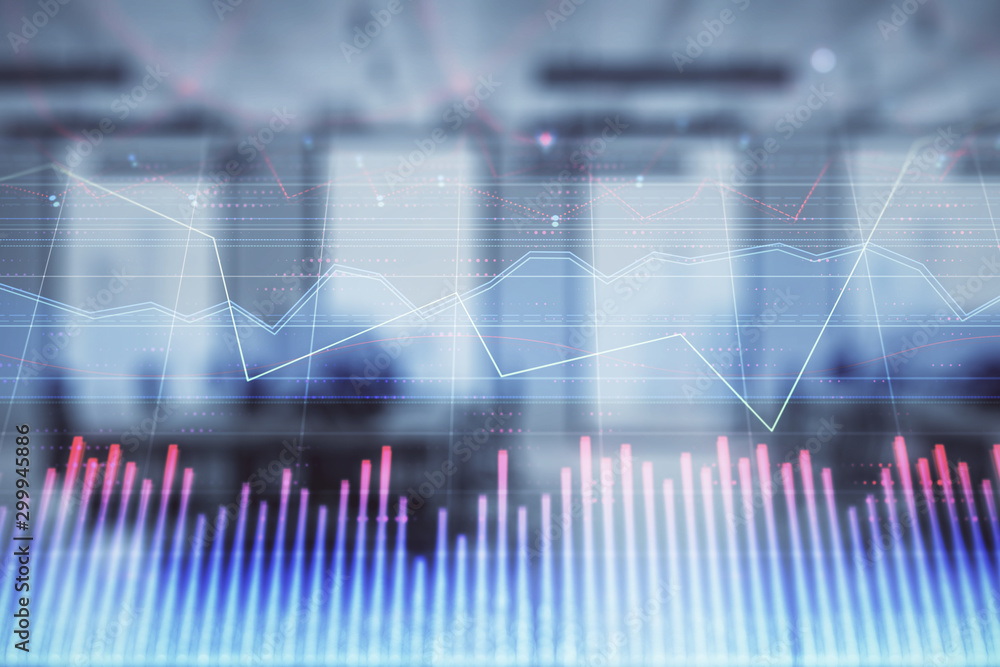 Stock market chart with trading desk bank office interior on background. Double exposure. Concept of financial analysis Stock market chart with trading desk bank office interior on background. Double exposure. Concept of financial analysis