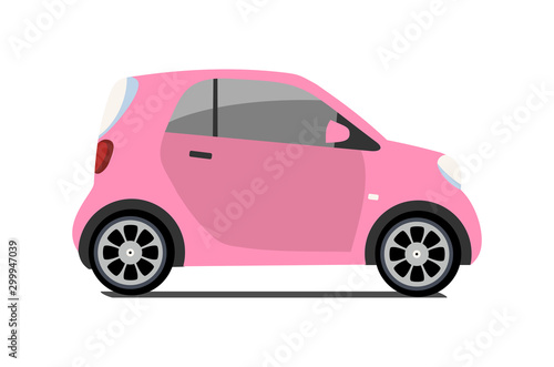 Car sharing logo, vector city micro pink car. Eco vehicle cartoon icon isolated on white background. Cartoon vector illustration with urban ecological transport. Cute vector smart car illustration.