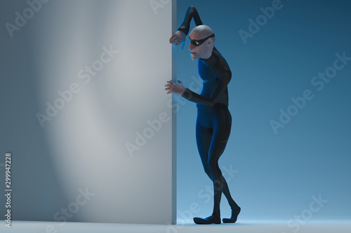 Принти на полотні Character fraudster John Scammer in mask look around the corner with empty space