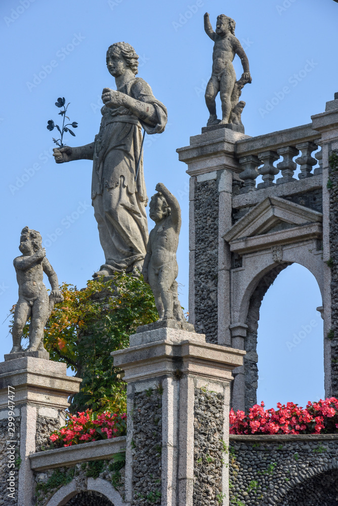 Statues of the garden at Bella island on lake Maggiore in Italy