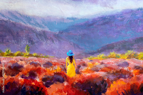 Beautiful girl in a yellow dress stands in a flower field, lavender field. Summer warm flower landscape - acrylic oil painting on canvas.