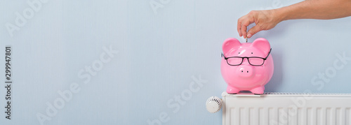 Person Inserting The Coin In Piggybank Over The Radiator photo