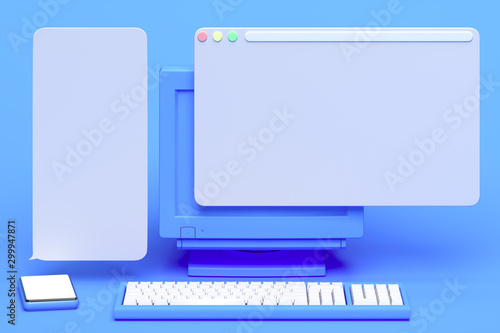 Blue PC with blank screen near blue mobile phone with blank screen. Speech Text bubbles above gadgets, 3d rendering