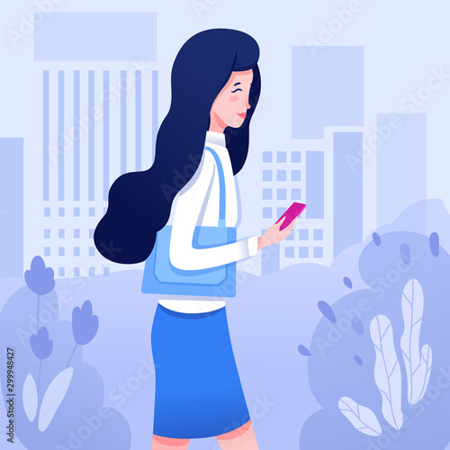 Young woman with phone flat vector illustration