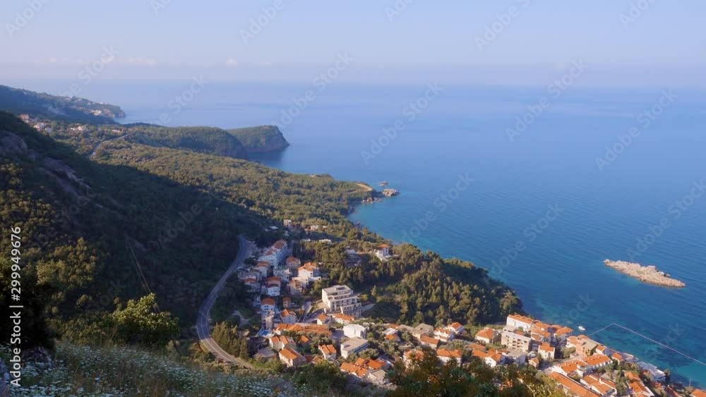 Aerial view of the small islet Sveti Stefan. Location place Montenegro Balkans, Adriatic sea, Europe. Aerial view of the small islet Sveti Stefan. Location place Montenegro Balkans, Adriatic sea, Europe.
