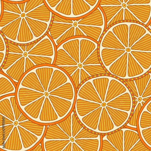 Oranges slices seamless pattern. Hand drawn fresh tropical citrus fruit.