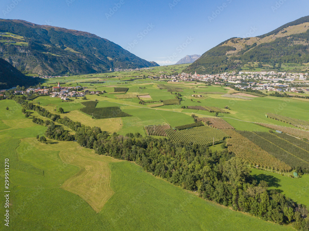 Aerial view of beautiful alpine landscape of Val Venosta in Italy.