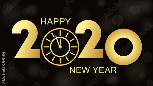 Happy New Year 2020. Vector New Year background with gold clock on black.