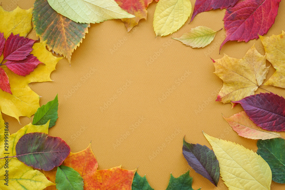 Autumn leaves on a brown background, with place for text Autumn leaves on a brown background, with place for text