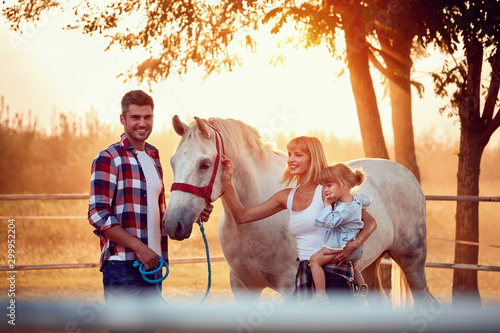 beautiful horse at summer day on the farm with family photo