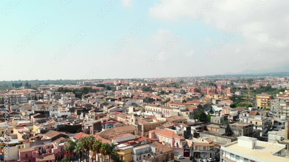 View of Sicily town Giarre in Italy, aerial ascend View of Sicily town Giarre in Italy, aerial ascend