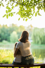 Rear view of young mother and small daughter sitting on the bench in park