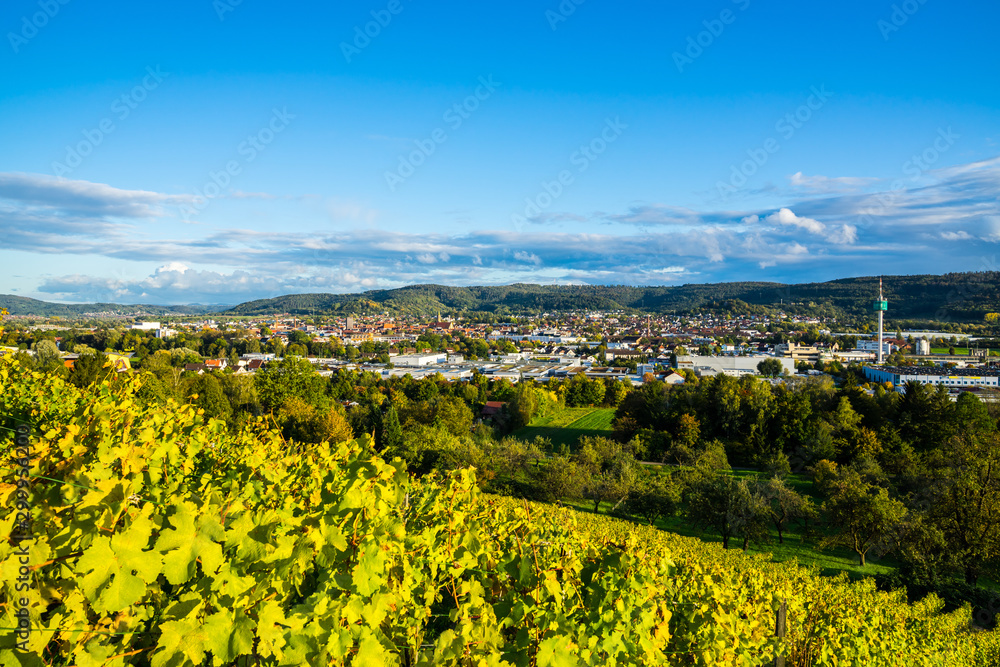 Germany, Endless view over the houses, church and roofs of schorndorf city