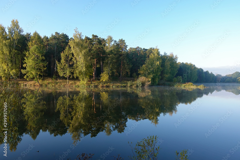 Ideal landscape. Autumn day. Lake in the forest.