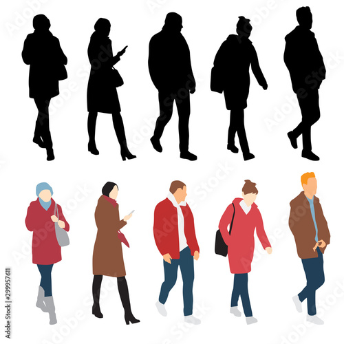 Silhouettes of men and women standing and walking, cartoon characte, outerwear, group business people, vector illustration, flat designe icon, isolated on white background