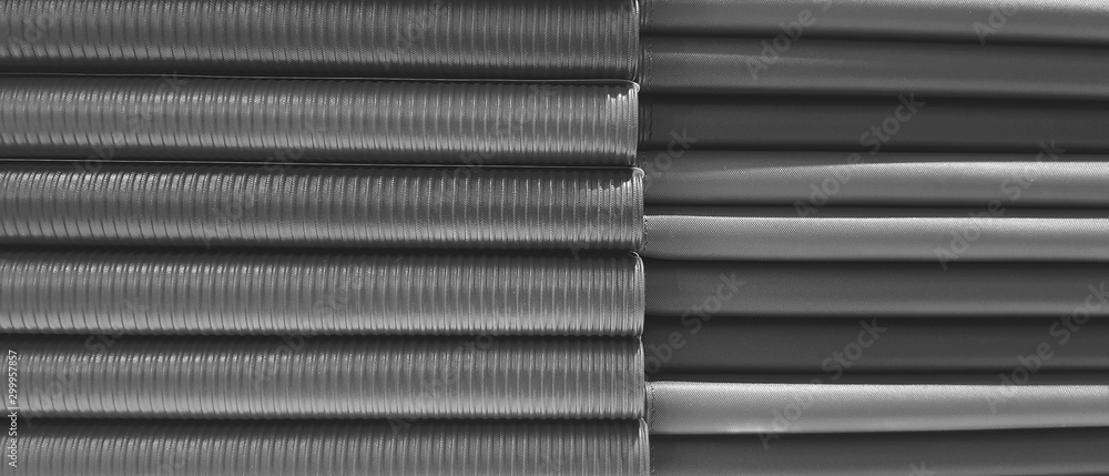 Obraz premium Close up pattern and line of black spine or saddle book are sorting and stacking for background. Art group of object, Education and Library concept