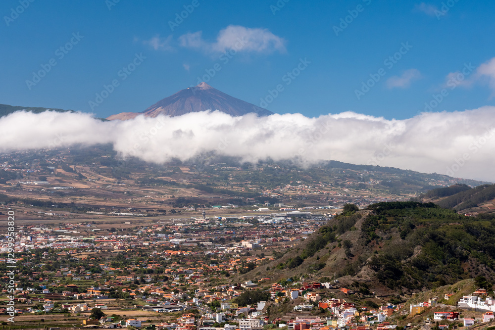 view of the volcano Teide and the city of San Cristobal de La Laguna