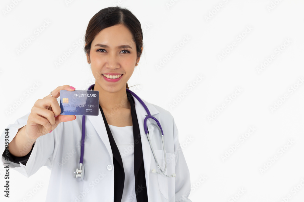 Portrait of asian an attractive young female doctor in white coat about medical or science health care concept on white background Portrait of asian an attractive young female doctor in white coat about medical or science health care concept on white background