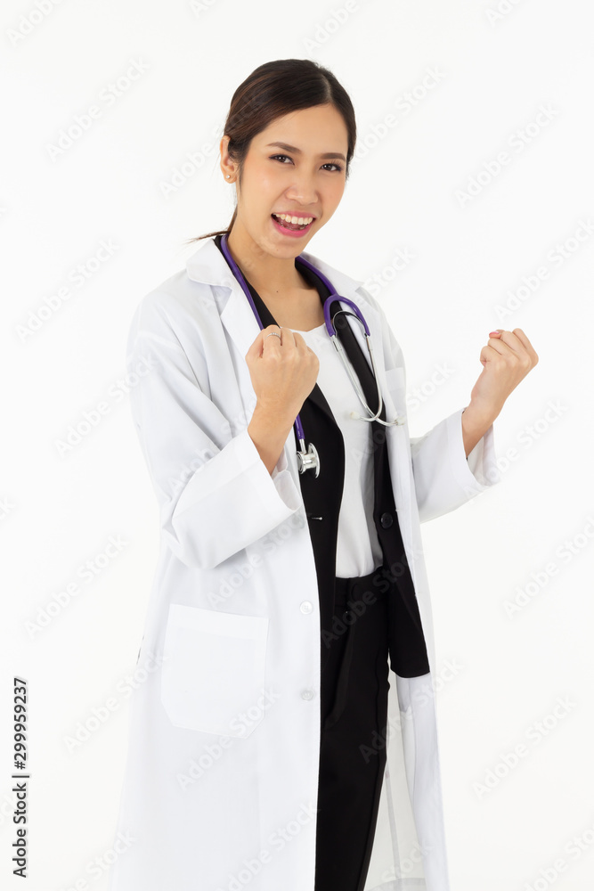 Portrait of asian an attractive young female doctor in white coat about medical or science health care concept on white background Portrait of asian an attractive young female doctor in white coat about medical or science health care concept on white background