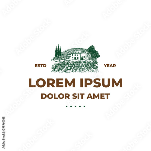 Vineyard with farm house - logo hand drawn template