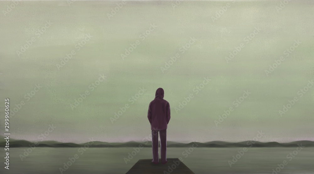 Surreal scene backpacker alone with the sea, lonely concept illustration