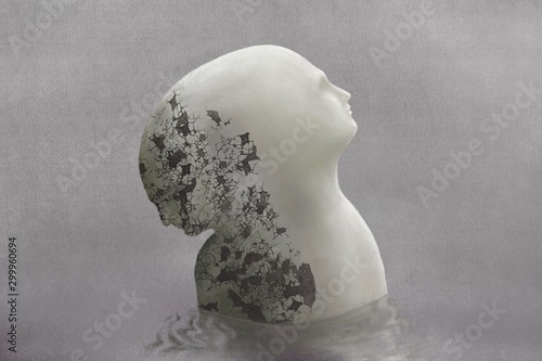 Surreal contrast emotions concept, broken human head sculpture in water, fantasy illustration