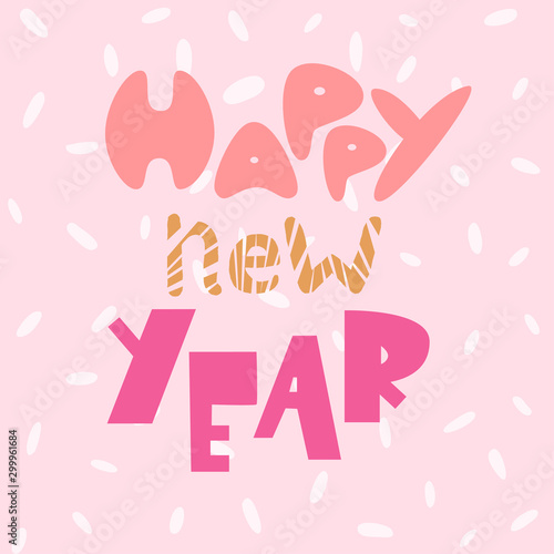 Wallpaper Mural Happy New Year lettering on a square postcard. Simple cute style in pastel colors on a pink background. Vector illustration in a children style. Torontodigital.ca