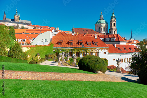 Green lawns and elaboratelz cut shrubs of Vrtba garden in Prague, Czech Republic