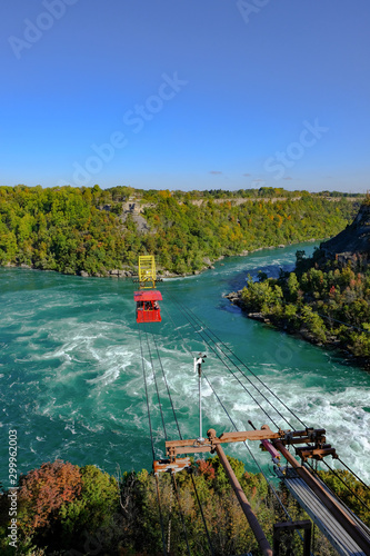 Scenic view of a cable car and its equipment seen passing with passengers near the wild rivers of Niagara falls in autumn.