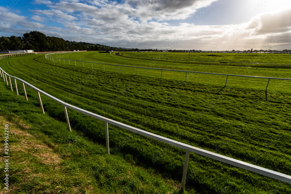 Vibrant green grass of horse racing track in the evening sun