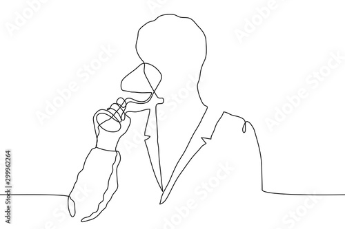 continuous line drawing silhouette of a man in a jacket languishingly drinking from a glass goblet. A man relishes a drink. The concept of sommelier, relaxation, tasting. It can be used for animation.